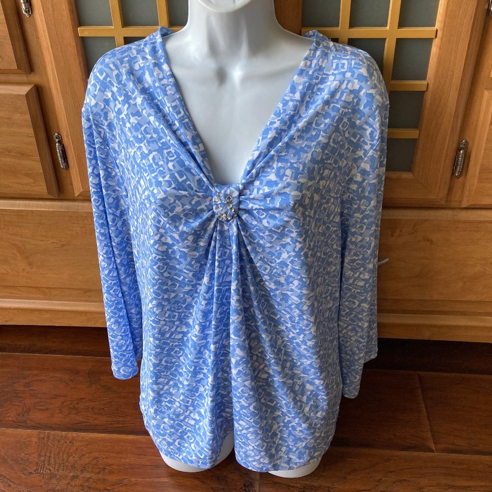 Ruby Rd. Powder Blue White 3/4 Sleeve Blouse X Large